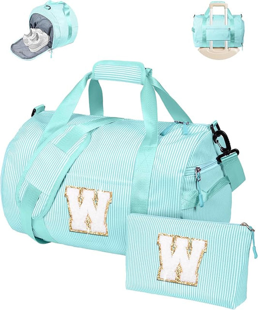 Teen Girl Gifts, Girls Travel Duffle Bag, Kids Initial Overnight Bags with Shoe Compartment, Personalized Weekend Bag with Cosmetic Pouch, Birthday Gift Ideas for Niece Daughter (Letter W)