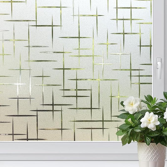 HIDBEA Window Privacy Film, Decorative Staic Cling Frosting Film, Heat Control UV Blocking Non-Adhesive Window Sticker for Home, Cross Pattern,35.4 X 78.7 Inches