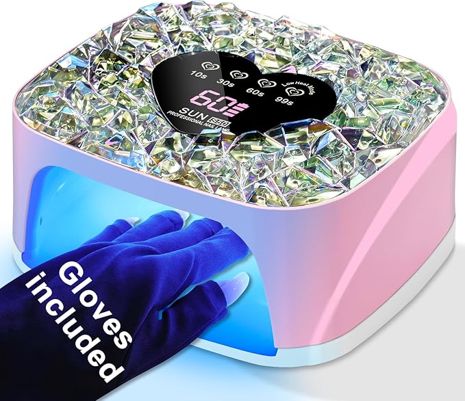 LIMEGIRL UV LED Nail Lamp Kit for Gel Polish Professional Fast Pink Diamond Design Curing Dryer Light Set with 4 Timers and Gloves Cordless Rechargeable Nail Art Cure Machine at Home and Salon