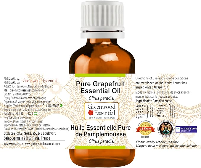 Greenwood Essential Grapefruit Essential Oil (Citrus paradisi) Pure | Non-Sticky | Non-Greasy | Lightweight | Men & Women | All Skin Types | Steam Distilled 30ml (1 oz)