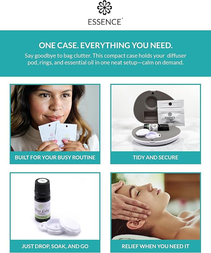 Essence Pearl Travel Case - Wearable Aromatherapy Kit with Nasal Diffuser Rings, Soaking Bay, and 5mL Essential Oil – Portable Wellness Gift Set for On‑The‑Go Self Care