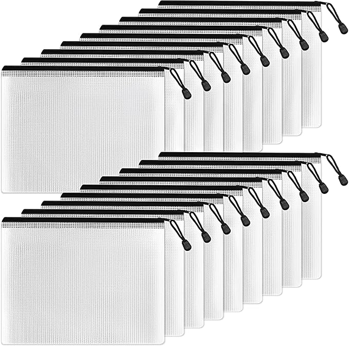 SUNEE Plastic Mesh Zipper Pouch 6.8x9.2 in (Black, 18 Packs),Extra Large Water-Resistant Zip Bag for School Office Supplies, Puzzles & Games Organizing Storage