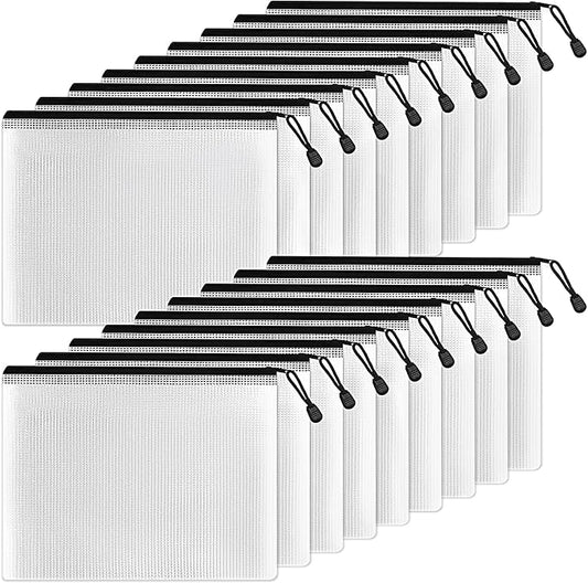 SUNEE Plastic Mesh Zipper Pouch 6.8x9.2 in (Black, 18 Packs),Extra Large Water-Resistant Zip Bag for School Office Supplies, Puzzles & Games Organizing Storage