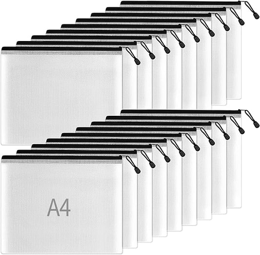 SUNEE Plastic Mesh Zipper Pouch 9.2x12.5 in (Black, 18 Packs),Extra Large Water-Resistant Zip Bag for School Office Supplies, Puzzles & Games Organizing Storage