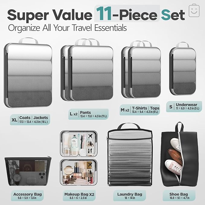 Veken 11 Set Compression Packing Cubes for Travel Essentials,Compressible Expandable Large Luggage Suitcase Organizer Bags for Clothing,Durable Space Saver Storage Bags with Toiletry Bags(Black)