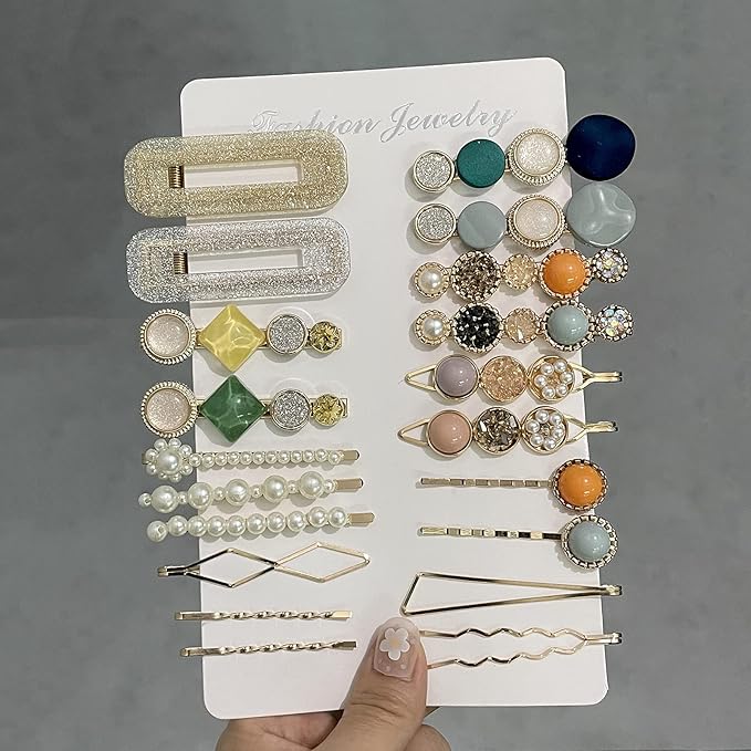 Mehayi 20 PCS Macaron Pearls and Acrylic Resin Hair Clips, Handmade Cute Hair Barrettes Bobby Pins, Glitter Crystal Geometric Hairpin, Elegant Gold Hair Accessories, Gifts for Women Girls…