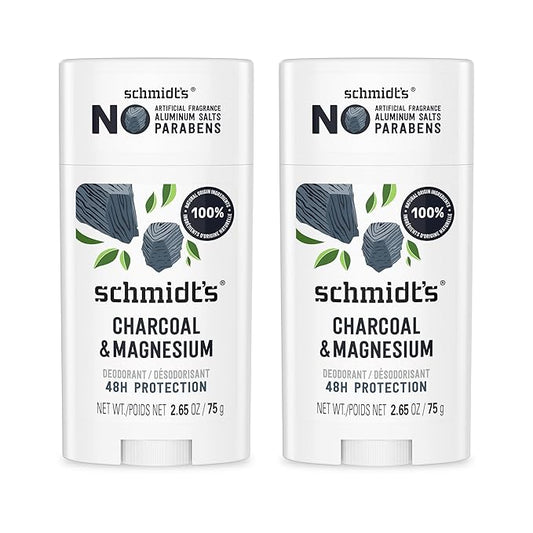 Schmidt's Aluminum-Free Vegan Deodorant Charcoal & Magnesium with 48 Hour Odor Protection, 2 Count for Women and Men, Natural Ingredients, Cruelty-Free, 2.65 oz, Pack of 2