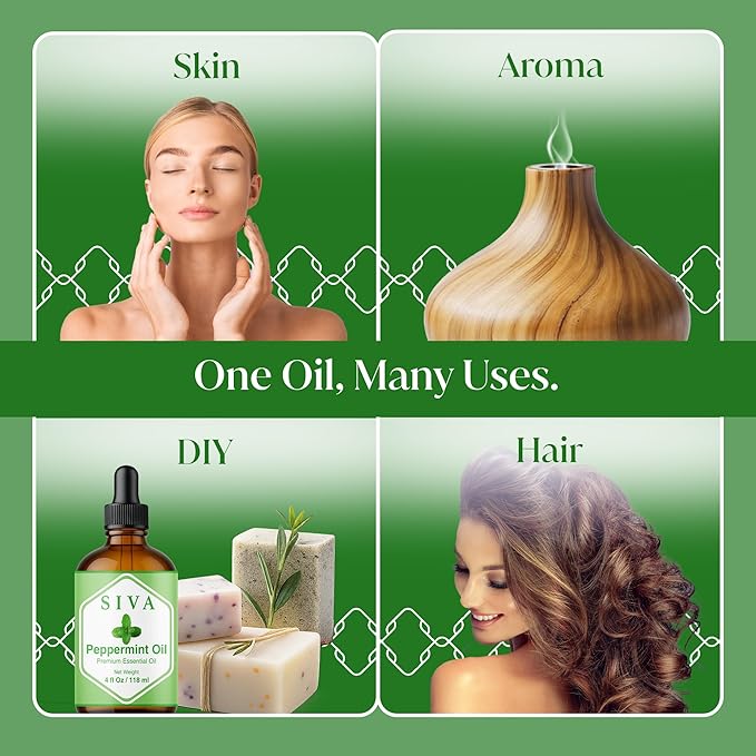 Siva Peppermint Essential Oil - 4 Fl Oz – 100% Natural Peppermint Oil - for Diffuser, Face, Skin Care, Aromatherapy, Hair Care, Scalp and Body Massage - with Dropper