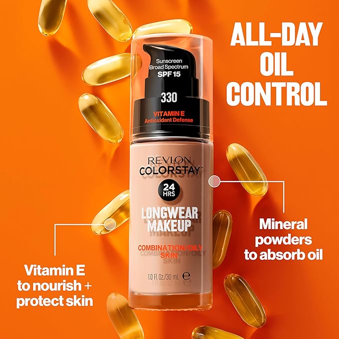 Revlon Liquid Foundation, ColorStay Face Makeup for Combination & Oily Skin, SPF 15, Medium-Full Coverage with Matte Finish, Deep Honey (395), 1.0 oz