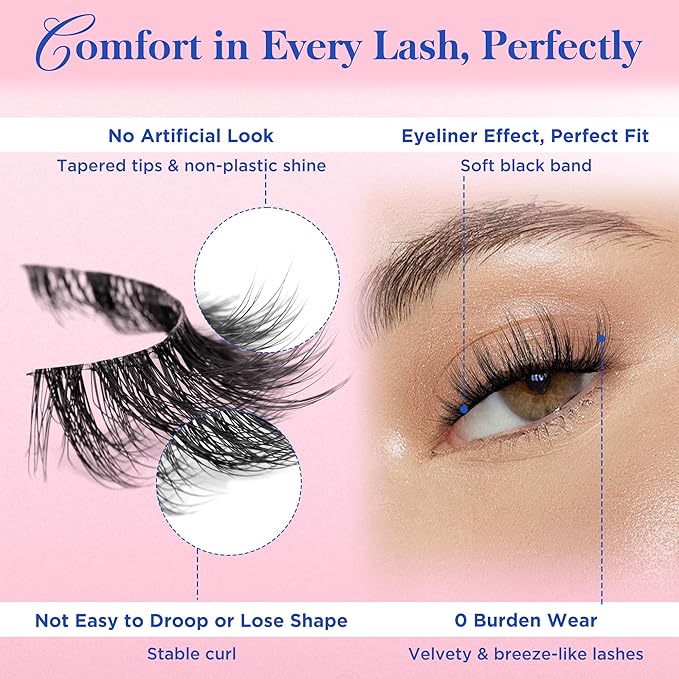 Bepholan Fales Eyelashes 7-14mm Natural Look 3D Volume Eyelashes Pack 5 Pair Soft Thin Black Band Fluffy Fake Lashes Easy to Apply(C0217)