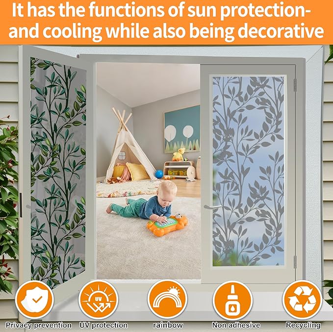 One Way Privacy Film, Window Tint for Home,Daytime Reflective, Anti UV Static Cling Sliding Door Coverings No Glue Garage Solar Paper (Black - Silver-Leaves, 23.6 x 78.7 in)