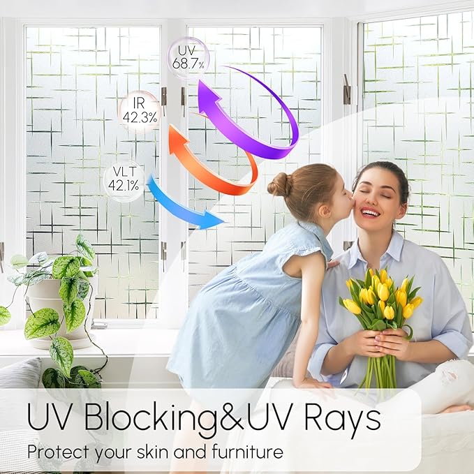 HIDBEA Window Privacy Film, Decorative Staic Cling Frosting Film, Heat Control UV Blocking Non-Adhesive Window Sticker for Home, Cross Pattern,23.6 X 78.7 Inches