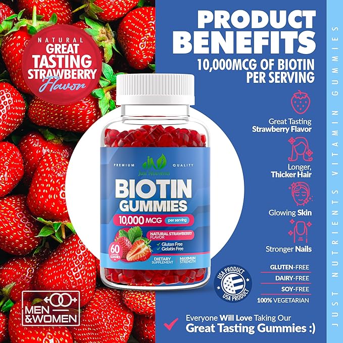 Biotin 10,000mcg Gummies for Women & Men - 2X High Potency Biotin for Hair Growth, Skin & Nails - Gluten-Free, Vegan, Non-GMO, Great Tasting Strawberry Flavor - 60 Gummies