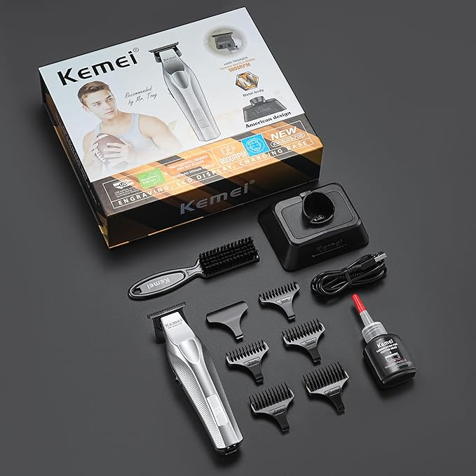 KEMEI 3023-702 Hair & Beard Trimmer for Men, 9000 RPM Zero Gapped Trimmers for Barbers with Full Metal Body, Professional Hair Clippers with LED Display, Ceramic and DLC Blades
