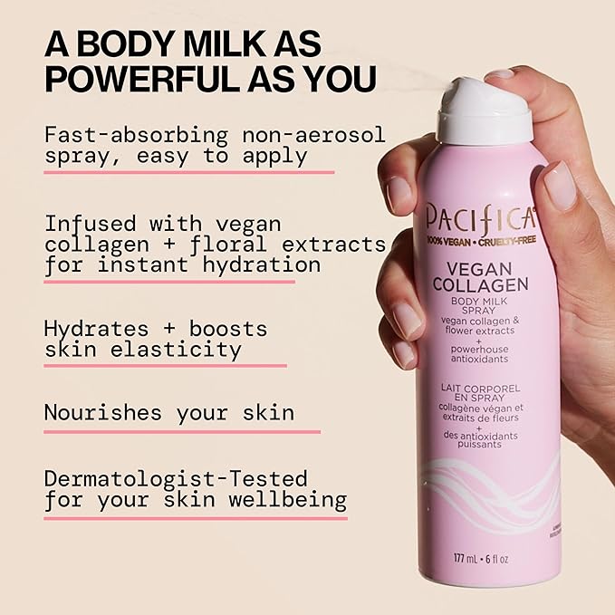 Pacifica Spray Lotion for Body - Vegan Collagen Body Milk Spray – Hydrating Moisturizer Mist Fast-Absorbing Instantly Hydrates & Softens Skin Jasmine & Vanilla Natural Scent Clean Beauty Non-Aerosol