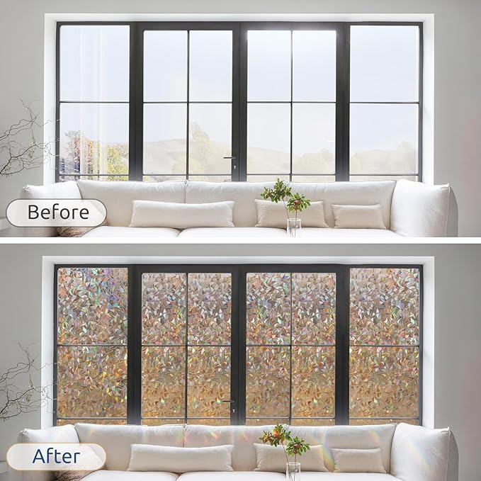 rabbitgoo Window Privacy Film Rainbow Film Decorative Window Sticker, 3D Static Stained Glass Cling Tint for Home Heat Control Non-Adhesive, Brown, 35.4 x 118.1 inches