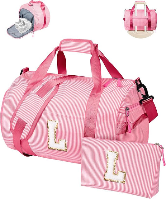 Gifts for Teen Girl, Girls Travel Duffle Bag, Kids Initial Overnight Bags with Shoe Compartment, Personalized Weekend Bag with Makeup Pouch, Girly Fashion Stuff Birthday Gift (Letter L)
