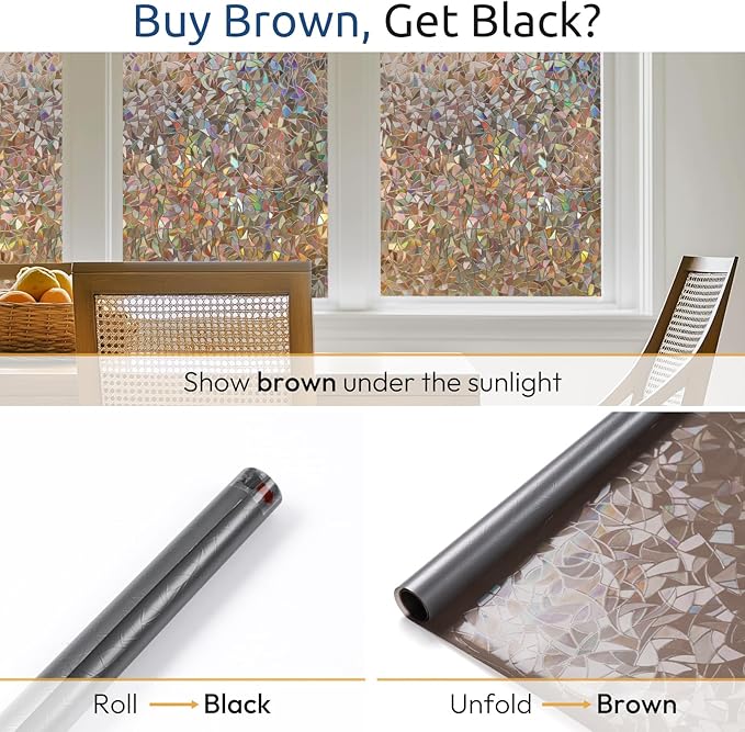 rabbitgoo Window Privacy Film Rainbow Film Decorative Window Sticker, 3D Static Stained Glass Cling Tint for Home Heat Control Non-Adhesive, Brown, 35.4 x 78.7 inches