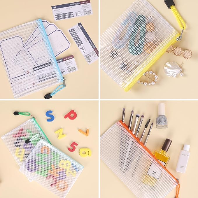 EOOUT 20pcs Mesh Zipper Pouch, Waterproof Zipper Bags, 8 Sizes Plastic Travel Pouch, 10 Colors, Multipurpose for Board Game, Travel Storage, School Supplies, Office Appliances, Home Organize