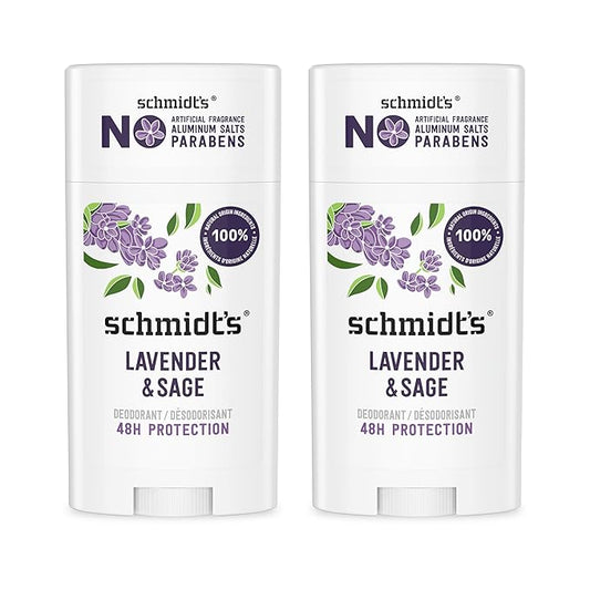 Schmidt's Aluminum-Free Vegan Deodorant Lavender & Sage with 24 Hour Odor Protection, 2 Count for Women and Men, Natural Ingredients, Cruelty-Free, 2.65 oz