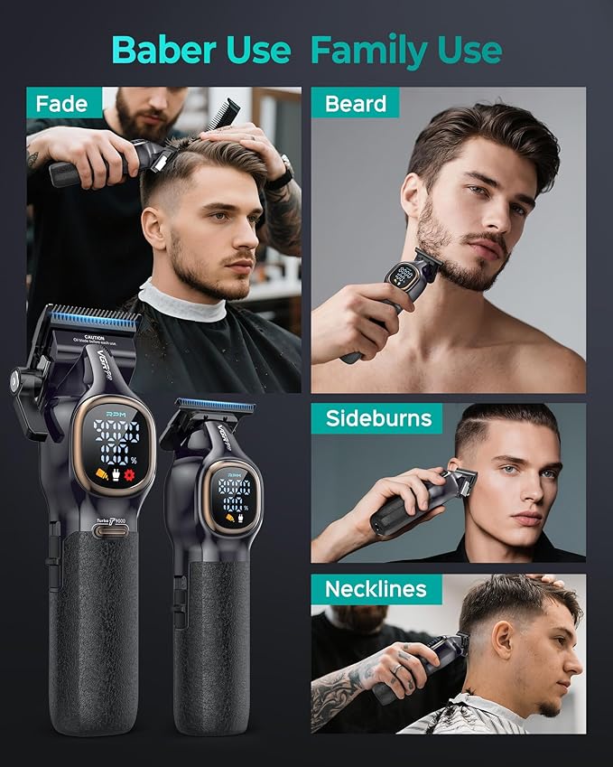 Professional Hair Clippers for Men, Professional Barber Clippers and Trimmer Set, Cordless Hair Clippers for Hair Cutting with Package Case, Powerful 9000 PRM Rechargable Electric (Black)