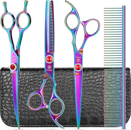 GLADOG 7 Inch Professional Dog Grooming Scissors Kit, 5-in-1 Titanium Coated Pet Grooming Shears Set, Heavy Duty Grooming Scissors for Dogs (Pro Rainbow)