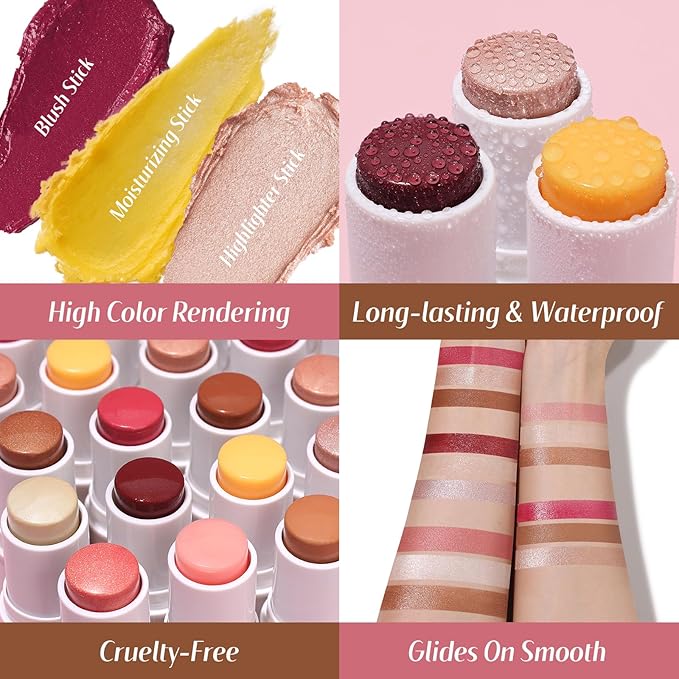 KIMUSE Face Sticks Trio, Cream Blush Stick & Highlighter Stick & Contour Stick for Sculpt the Cheeks, Long Lasting Cream Contour Stick Trio for Face Makeup, with Brush