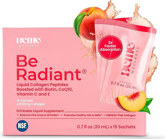 BeMe Liquid Collagen for Women - 2500mg Verisol Collagen Liquid with Biotin, CoQ10 & Vitamin C - Clinically Proven Collagen Peptides for Hair, Skin & Nails - 15 Peach Sachets