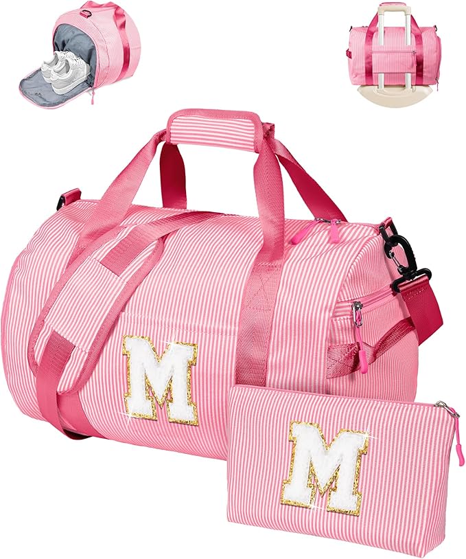 Birthday Gifts for Grandkids, Girls Travel Duffle Bag, Kids Initial Overnight Bags with Shoe Compartment, Personalized Weekend Bag with Makeup Pouch, Gift for Cheerleader Girl (Letter M)