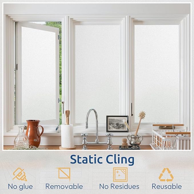 rabbitgoo Window Privacy Film, Non-Adhesive Frosted Glass Window Film for Bathroom, Static Cling Heat Blocking Stickers for Home Indoor Opaque Frosting Coverings House Tint, Matte White 17.5" x 157"