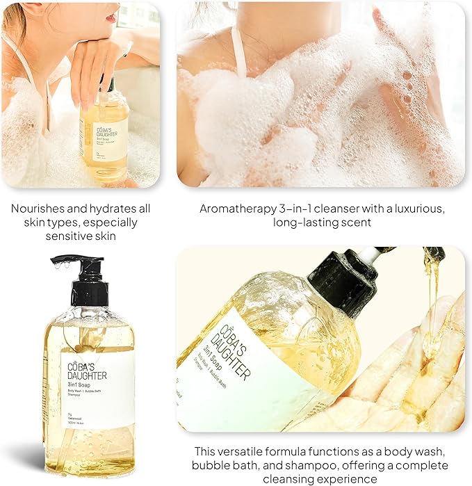 COBA'S DAUGHTER | 3in1 Bubble Bath, Body Wash & Hand Wash for Men and Women | Nourishing Fig & Cedarwood Scent Liquid Soap with Inulin & Seaweed Extract | Cleanses, Softens & Conditions Skin (16.9oz)