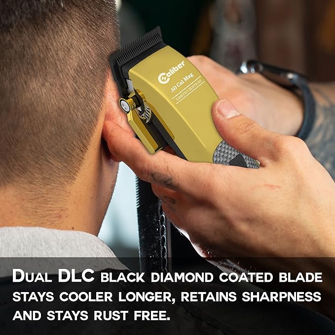 Caliber .50 Cal Limited Edition Clipper - Long Lasting 8+ Hours of Power - Ultra Low Noise Technology - Rechargeable Powerful Battery - Easy Zero Gap Cut - Hair Grooming Tool for Men (Gold)