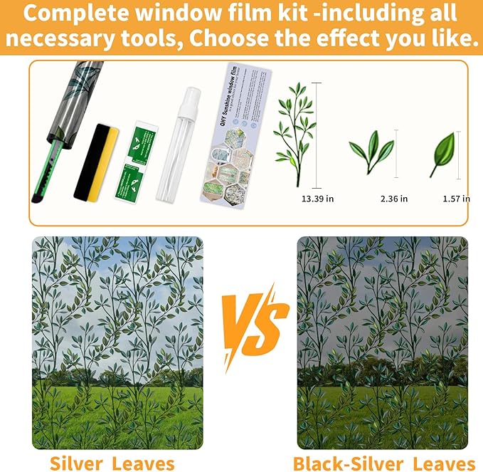 One Way Privacy Film, Window Tint for Home,Daytime Reflective, Anti UV Static Cling Sliding Door Coverings No Glue Garage Solar Paper (Black - Silver-Leaves, 35.4 x 157.4 in)
