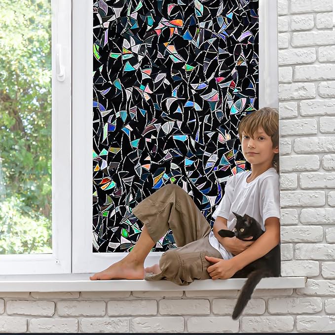 QHY Sunshine Total Blackout Window Film Privacy， Frosted Glass Window Film，Black Window Tint， No Glue， Detachable, no Marks, Suitable for Repeated use (Black Rainbow, 35.4 in X 157.4 in)