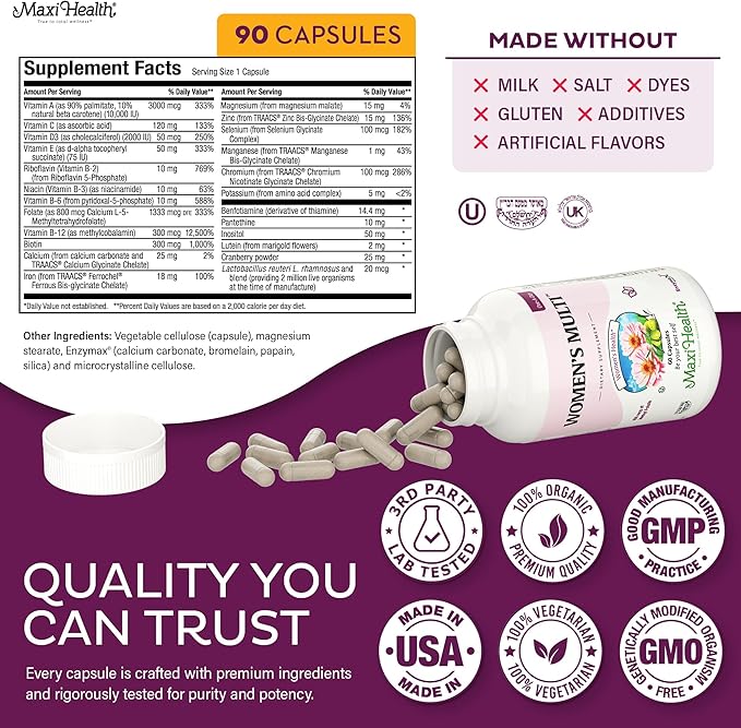 Womens Multivitamin – Methylated Multivitamin for Women with 23 Key Vitamins C, D, B6, B12, Calcium, Probiotics, Biotin & More – Energy, Skin, Nails & Gut Health Support – Kosher (90 Capsules)