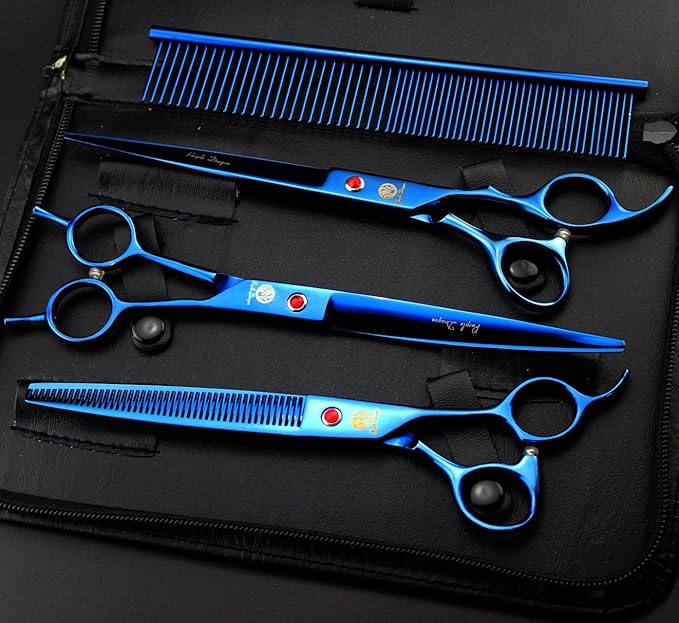 Purple Dragon 8 inch 3 in 1 Professional Pet Grooming Thinning Scissors - Upward Curved Shears and Dog Hair Cutting Scissor - Perfect for Pet Groomer or Family DIY Use (Blue)