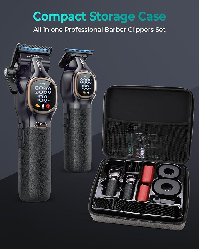 Professional Hair Clippers for Men, Professional Barber Clippers and Trimmer Set, Cordless Hair Clippers for Hair Cutting with Package Case, Powerful 9000 PRM Rechargable Electric (Black)