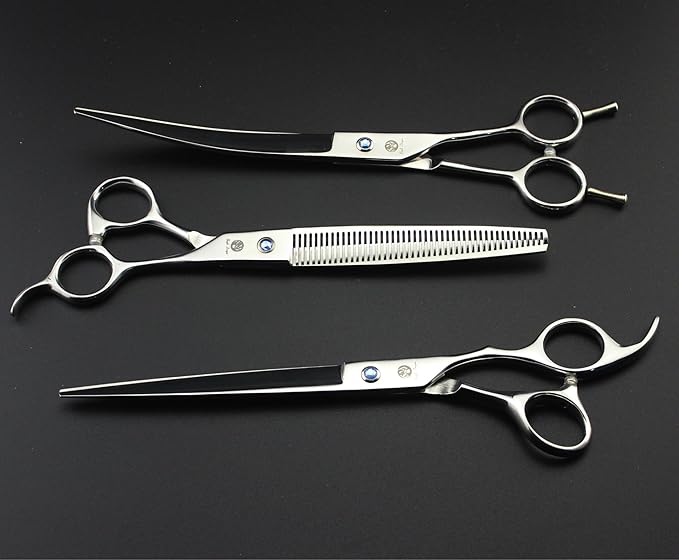 Purple Dragon 8 inch 3 in 1 Professional Pet Grooming Thinning Scissors - Upward Curved Shears and Dog Hair Cutting Scissor - Perfect for Pet Groomer or Family DIY Use (Silver)