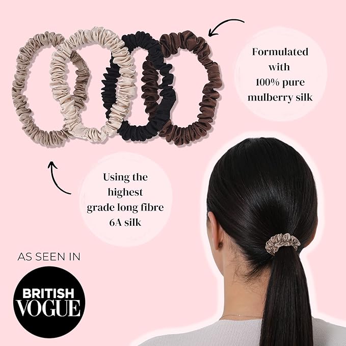 SILKIE x6 Set 100% Pure Mulberry Silk Black Noir Dark Midnight Neutral Skinny Scrunchies Travel Pouch Everyday Hair Ties Elastics Hair Care Ponytail Holder No Damage (Midnight)