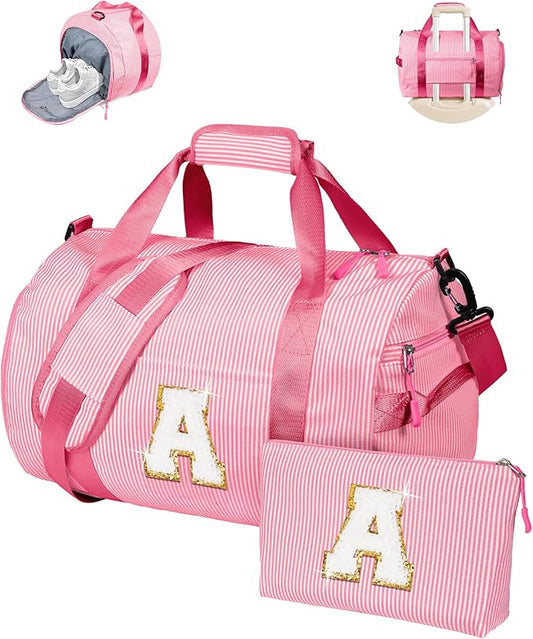 Gift for Teenager, Girls Travel Duffle Bag, Kids Initial Overnight Bags with Shoe Compartment, Personalized Weekend Bag with Makeup Pouch, 8 Year Old Girl Birthday Gifts (Letter A)