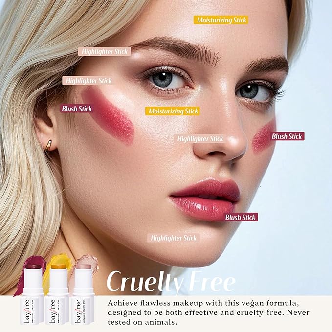 KIMUSE Face Sticks Trio, Cream Blush Stick & Highlighter Stick & Contour Stick for Sculpt the Cheeks, Long Lasting Cream Contour Stick Trio for Face Makeup, with Brush