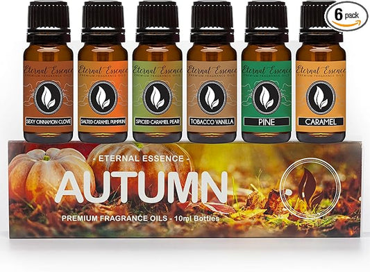 Eternal Essence Oils Autumn Set of 6 Premium Fragrance Oils - Includes Sexy Cinnamon Clove, Salted Caramel Pumpkin, Spiced Caramel Pear, Tobacco Vanilla, Pine, and Caramel Scented Oils - 10ML