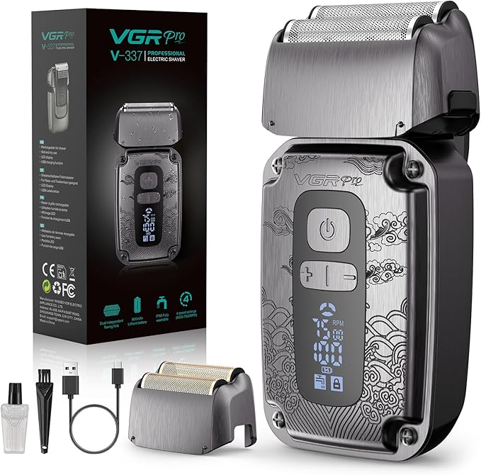 Foil Shaver for Men, Electric Razor for Men Face Beard, Waterproof Cordless Electric Razor for Travel, 4-Speed Setting, USB-C Rechargeable, LED Battery Display, Barber or Home Use (Gray)