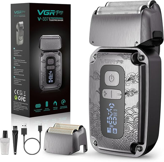 Foil Shaver for Men, Electric Razor for Men Face Beard, Waterproof Cordless Electric Razor for Travel, 4-Speed Setting, USB-C Rechargeable, LED Battery Display, Barber or Home Use (Gray)