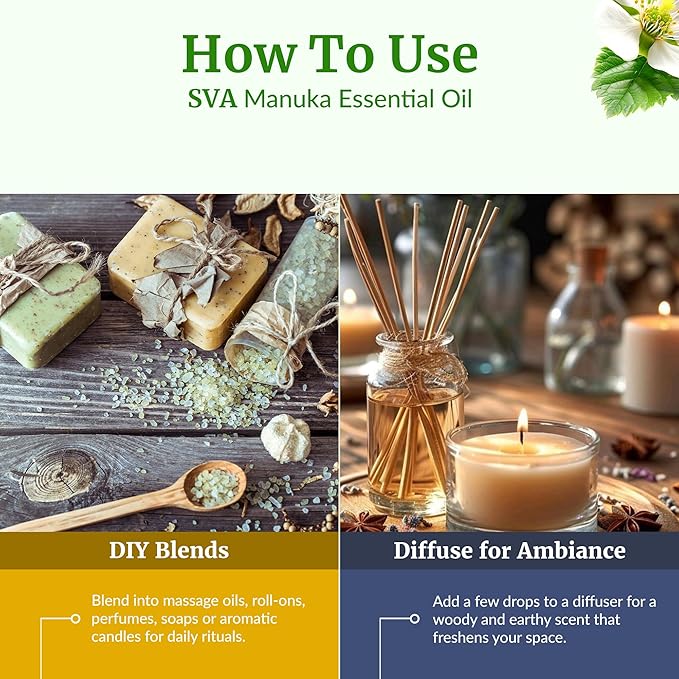 SVA Manuka Essential Oil – 1/3 Fl Oz – 100% Natural Manuka Oil - for Diffuser, Hair Care, Face, Skin Care, Aromatherapy, Scalp and Body Massage, Soap and Candle Making