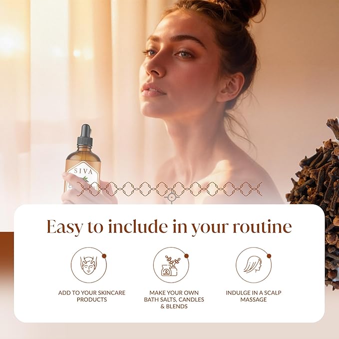 Siva Clove Bud Essential Oil - 4 Fl Oz – 100% Natural Clove Oil - for Diffuser, Face, Skin Care, Aromatherapy, Hair Care, Scalp and Body Massage - with Dropper