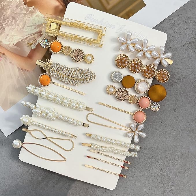 Mehayi 20 PCS Pearl Hair Clips Set Fashion Korean Acrylic Resin Hair Barrettes, Bobby Pins Hairpins for Women and Ladies Girls Headwear Styling Tools, Hair Accessories for Decorative Party Wedding
