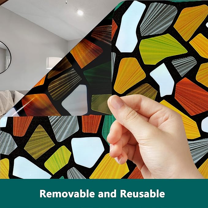 Volcanics Decorative Stained Glass Window Privacy Film with Installation Tools– Static Cling Privacy Sticker for Home & Church, Non-Adhesive, Anti-UV & Heat Blocking, 35.4 x 78.7 Inches