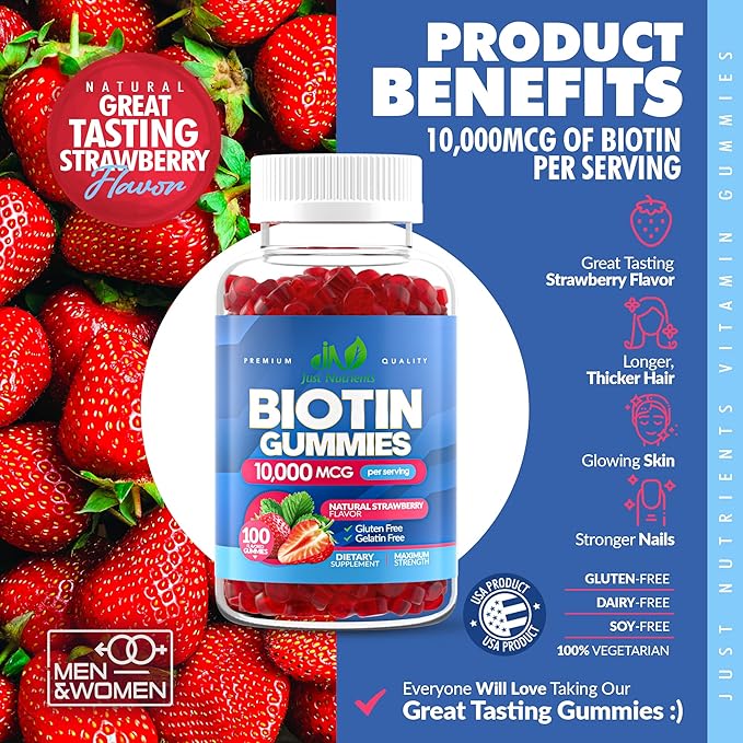 Biotin 10,000mcg Gummies for Women & Men (100 Count) - 2x Maximum Strength Biotin for Hair Growth, Skin & Nails - Gluten-Free, Vegan, Non-GMO, Great Tasting Strawberry Flavor - 100 Gummies