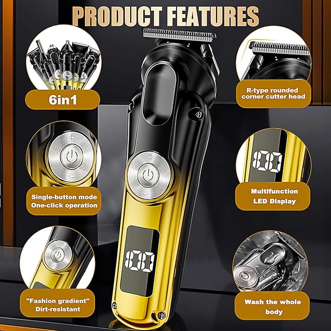 6-in-1 Hair Clipper Beard Trimmer for Men, IPX6 Waterproof Electric Shaver Razor&Cordless Hair Clipper Grooming Kit Hair Trimmer for Nose, Body, Face and Mustache, Gifts for Men